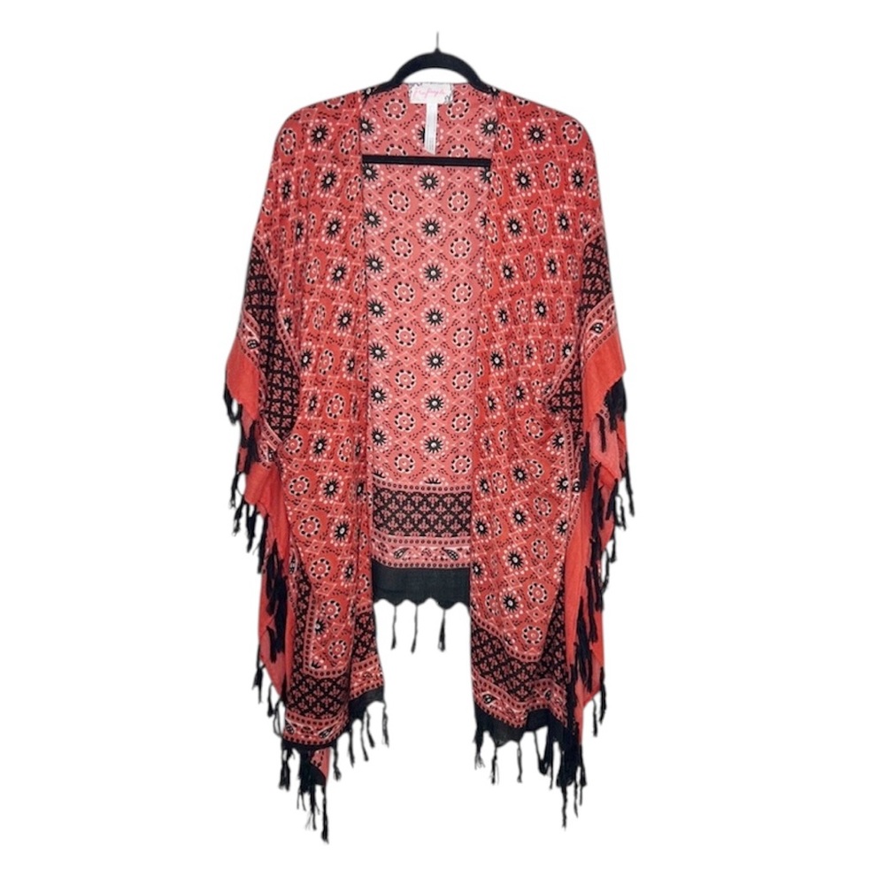 FREE PEOPLE Boho Western Red and Black Kimono with Fringe
